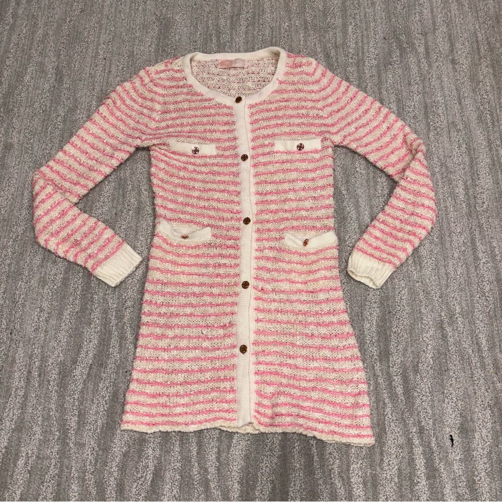 Auth Rady Pink & White Striped Cardigan Button Logo Pockets Luxury Women’s Sz F